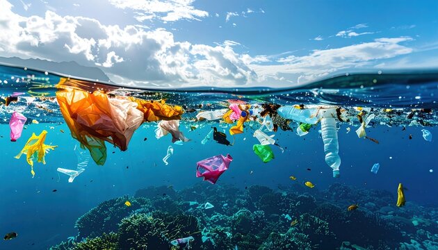 Plastic pollution awareness concept with colorful plastic waste floating in blue water, environmental sustainability message, clean editorial composition