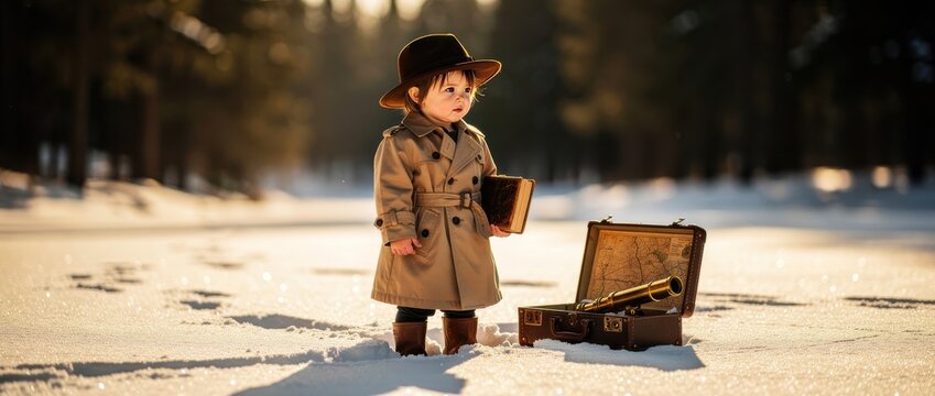 Young child in trench coat and hat holds a vintage book in the snow. An open suitcase with a map and telescope sits in a sunlit winter forest. Childhood adventure concept for travel marketing.