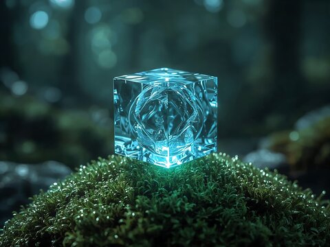 Generative AI depicts a luminous crystal cube resting on moss in a mystical forest
