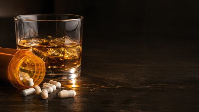 Whiskey glass beside prescription medicine bottle and pills on dark table, alcohol and medication interaction risk, substance misuse, addiction, health warning, overdose danger and safety concept