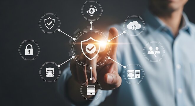 Cybersecurity network protection concept, businessman touching digital shield icon, data safety and cloud security interface