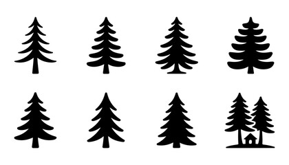 Obraz premium Slender pine tree silhouettes include various spruce styles for minimalist outdoor landscape illustrations.