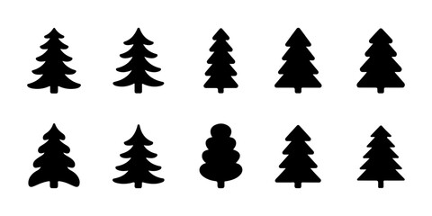 Obraz premium Ten unique pine and evergreen tree icons in black silhouette style for creative woodland graphic projects.