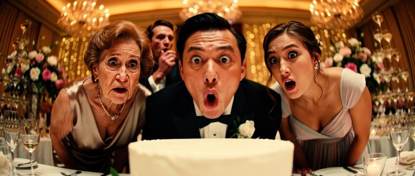 Surprised groom and family looking at a wedding cake with shocked expressions. Group gathered in a luxury ballroom during a wedding reception. Humorous wedding surprise concept for marketing.
