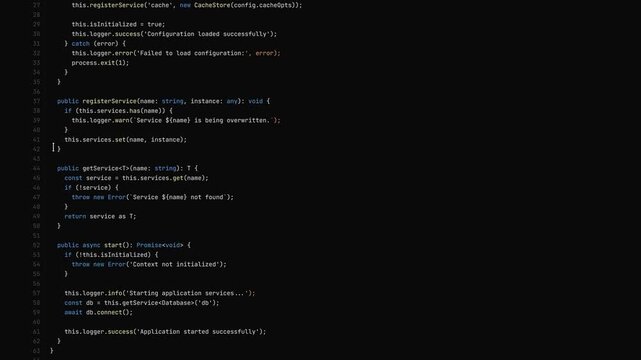 Computer programming code typing lines with syntax highlighting on black background for software development