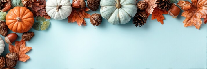 Obraz premium Abstract autumn backdrop featuring vibrant leaves, cones, and gourds on a light surface