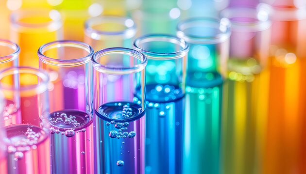 A vibrant array of colorful liquids are displayed in test tubes, creating a visually striking and scientific composition.