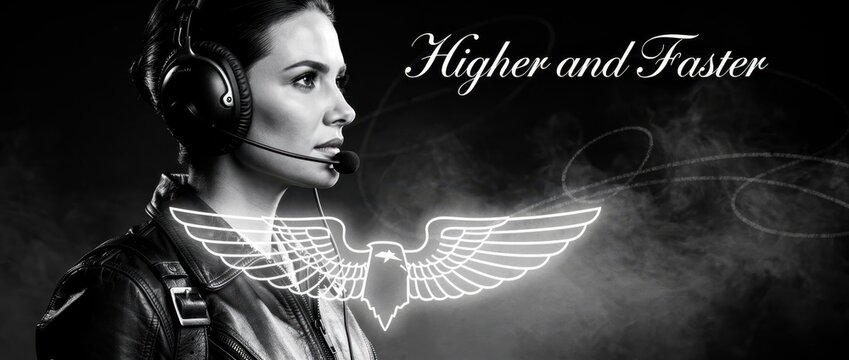 Woman pilot wearing headset and leather jacket looking forward. Monochrome portrait with neon eagle emblem and motivational typography. Aviation excellence concept for flight school marketing.