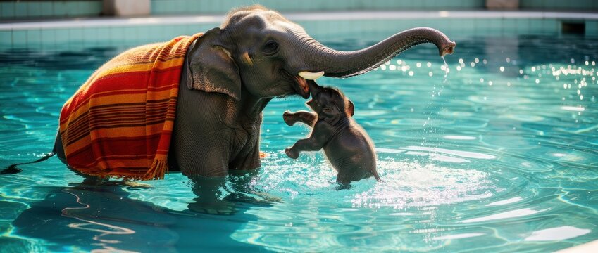 Adult elephant with blanket and baby calf playing in a pool. Animals splashing in clear blue water outdoors. Wildlife care and tourism concept, perfect for travel and nature marketing.