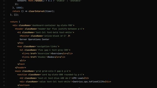 React JavaScript Source Code Scrolling on Black Background with Color Syntax Highlight for Developer Concept