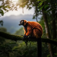 Naklejka premium Red ruffed lemur sitting on a mossy branch in rainforest