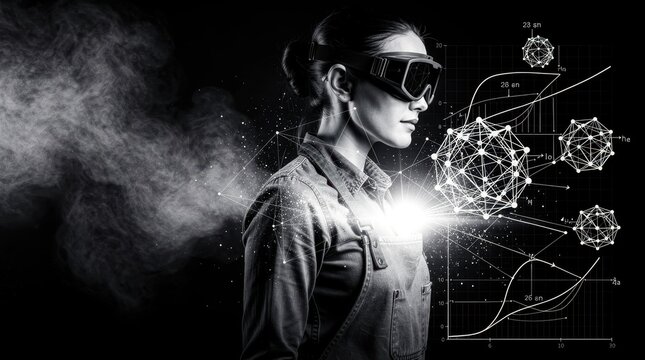 Woman viewing scientific holograms in goggles. Researcher analyzing data and molecular structures. Innovation concept for STEM education and tech marketing.