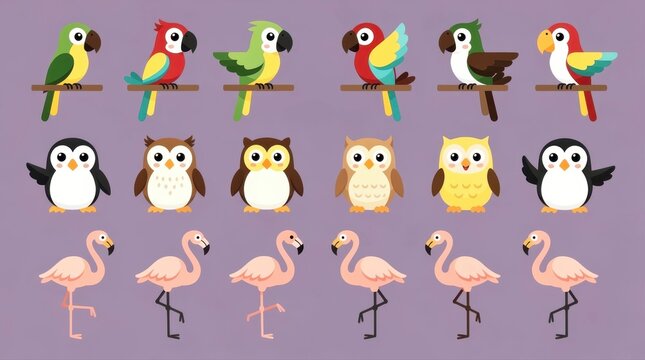 Collection of cute cartoon parrots, owls, penguins, and flamingos. Flat vector character set arranged on a purple background. Versatile wildlife illustration for nursery or educational media.