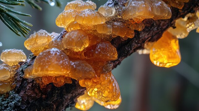 Attractive resin droplet on a pine tree amidst a natural setting