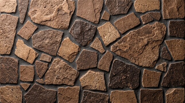 Textured background of a rustic wall made from varied brown and beige natural stones and dark grout