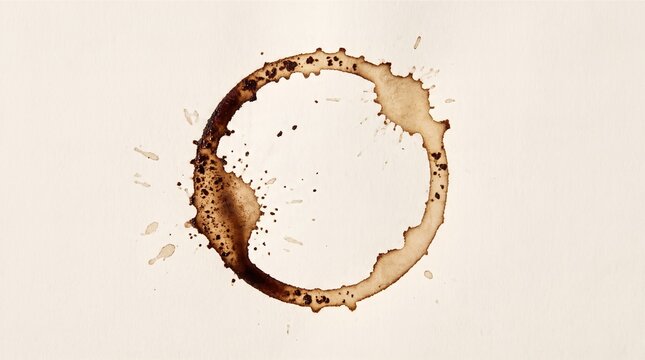 Close-up of a rustic brown coffee cup ring stain with splatters on a creamy white paper background
