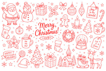 Fototapeta premium Hand Drawn Christmas Doodle Collection with Santa Snowman Gifts Ornaments and Holiday Elements