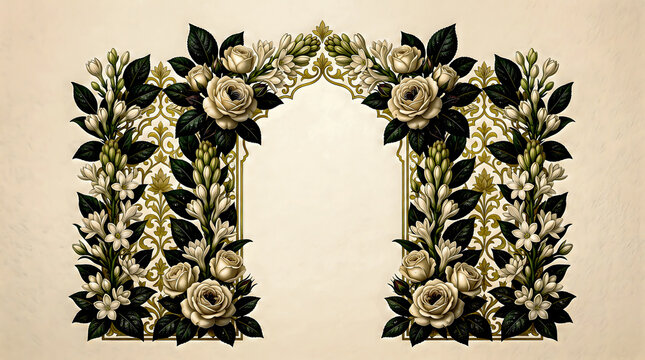 Floral ornament featuring roses and foliage creates an arched frame on a textured beige surface arrangement botanical blossom bloom