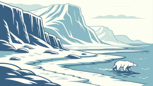 Polar bear walking along arctic coastline vector graphic illustration