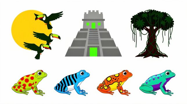 Jungle elements set with toucans, Mayan pyramid, banyan tree, and colorful dart frogs. Vibrant vector illustrations of tropical animals and ancient ruins. Nature and travel concept for marketing.