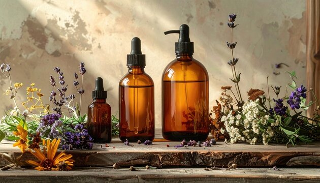 Natural skincare products with amber bottles, herbs and dried botanicals