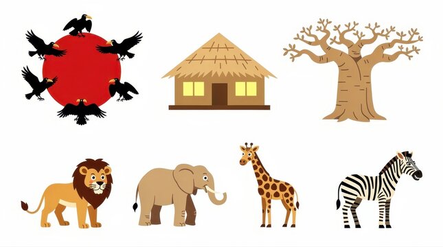 African safari animal and landscape illustration set on white background. Featuring cartoon lion, elephant, giraffe, zebra, baobab tree, and tribal hut. Safari wildlife graphic collection, perfect.