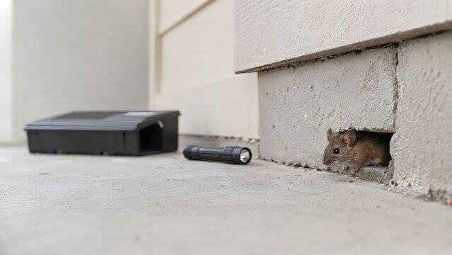 Mouse entering hole in exterior building foundation beside pest control bait station, rodent infestation, home damage, vermin prevention, extermination and property maintenance concept