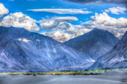 High dynamic range view valley in Himalayas. with sand dunes. Hunder, Nubra valley, Ladakh, India, with desert