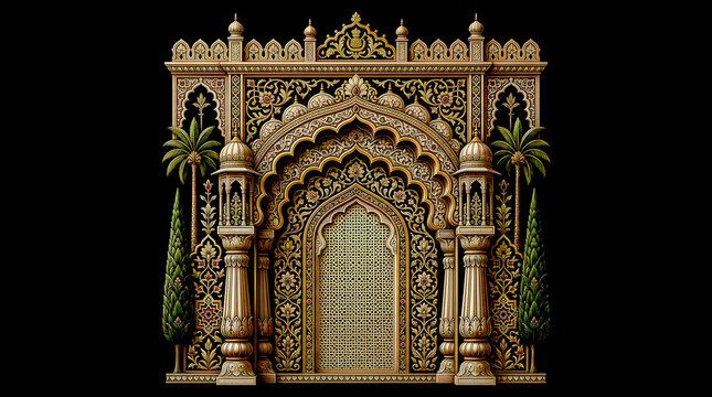 An ornate mughal gateway with detailed carvings and palm trees stands against a dark backdrop archway entrance islamic architecture