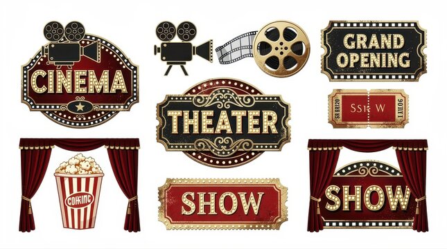 Vintage cinema and theater graphic elements collection on white. Retro marquee signs, film cameras, popcorn, and red stage curtains. Entertainment design set for movie premiere and event marketing.