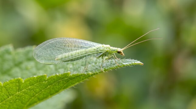 Green lacewing insect resting on a green leaf in a natural garden environment macro shot