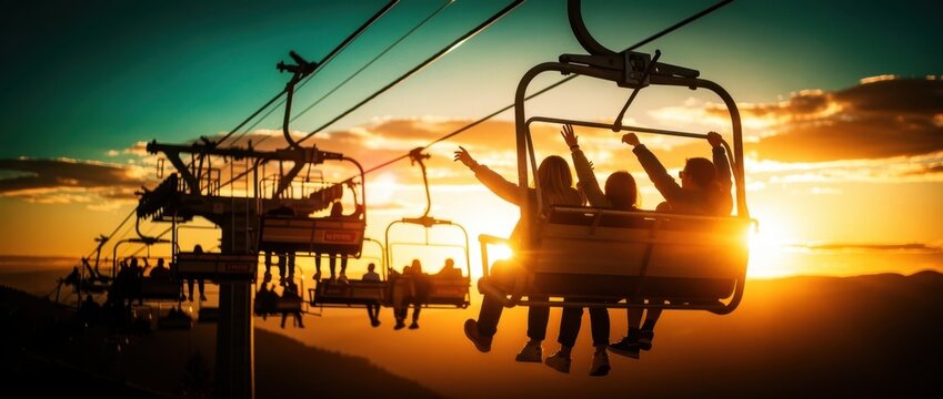 People riding a ski lift during a vibrant golden sunset. Friends waving from a chairlift over a mountainous landscape. Travel adventure and winter vacation concept for tourism ads.
