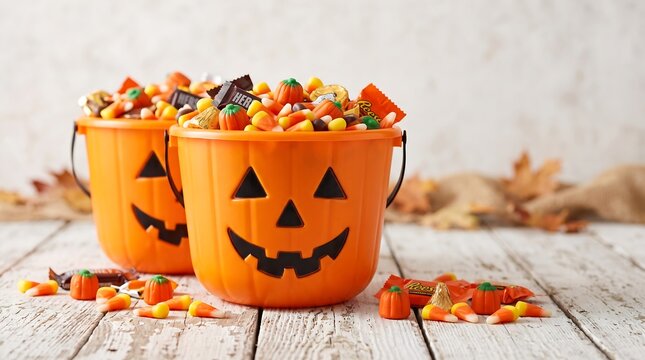 Halloween-themed jack-o'-lantern buckets filled with candy and autumn leaves on a rustic wooden surface.
