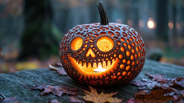 Carved pumpkin with candles illuminating it
