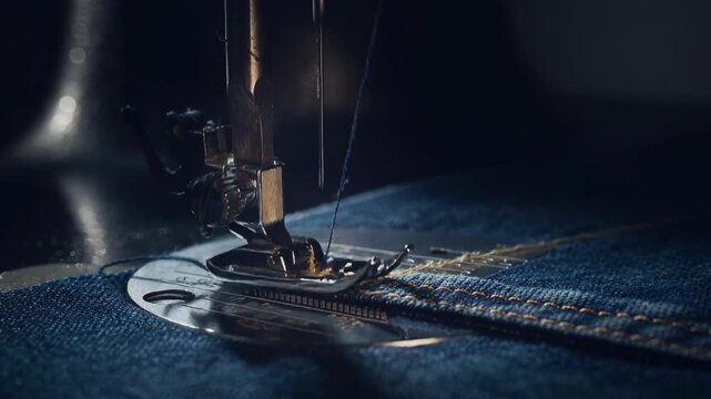 Close up of sewing machine stitching denim fabric with thread for clothing and textile production
