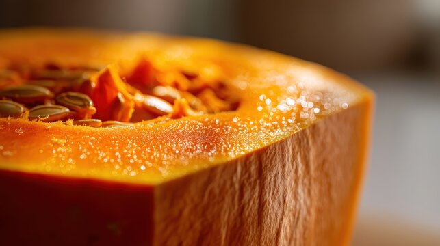Detailed image of a sliced pumpkin, featuring a selective focus, highlighting its healthy and fleshy nature