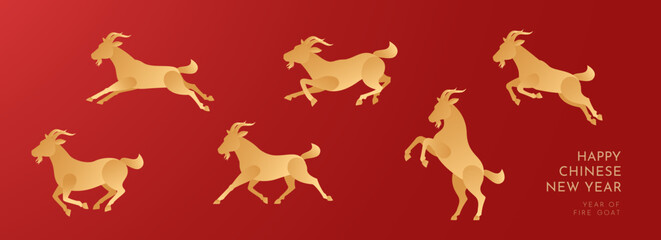 Obraz premium Chinese New Year 2027 greeting banner featuring collection of elegant golden Fire Goat zodiac illustrations in dynamic poses arranged on a vibrant red background. Editable Vector Illustration
