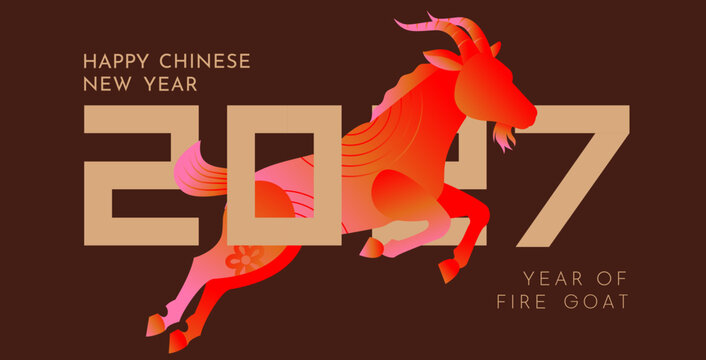 Chinese New Year 2027 typography banner featuring a jumping colorful fire goat and bold geometric lettering in vibrant gradient vector style. Editable Vector Illustration. Year of Fire Goat.