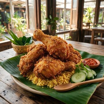 Crispy Malaysian Ayam Goreng Berempah Fried Chicken Served on Yellow Rice and Banana Leaf