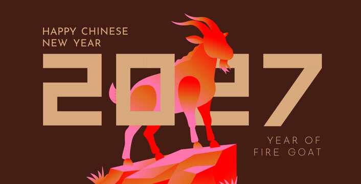 Chinese New Year 2027 typography banner featuring a jumping colorful fire goat and bold geometric lettering in vibrant gradient vector style. Editable Vector Illustration. Year of Fire Goat.