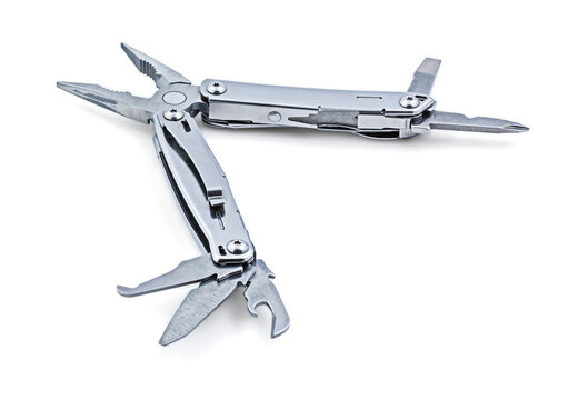 Scene featuring steel metal multitool isolated on white