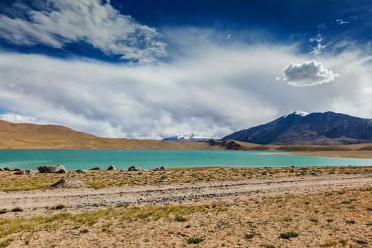 A himalayan lake Kyagar Tso with clouds in Himalayas, Ladakh, India