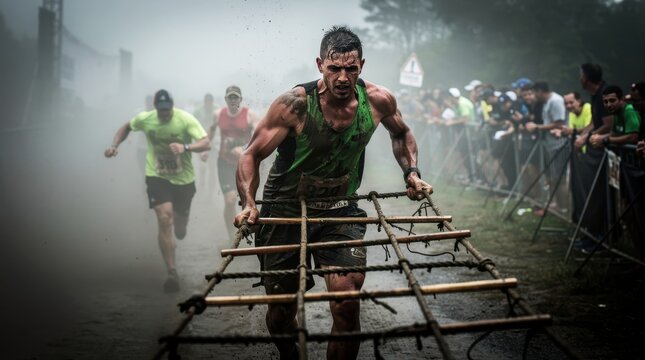Muscular man carrying a rope obstacle during a muddy race. Athlete competing in a foggy outdoor course with runners. Extreme fitness concept, ideal for sports marketing and health campaigns.