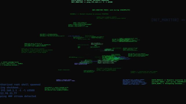 Digital terminal code logs with glowing pixels floating for cybersecurity data processing interface