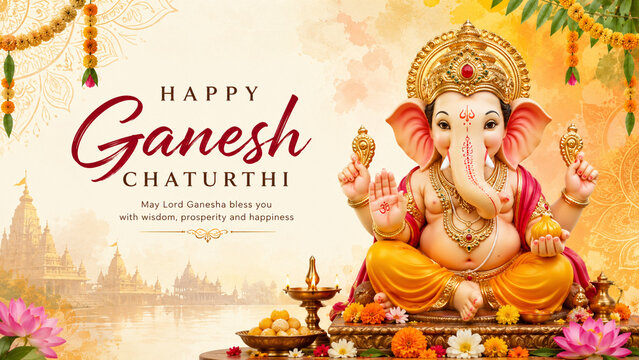 Lord Ganesha statue surrounded by glowing oil lamps, marigold flowers and traditional Indian decorations, festive Ganesh Chaturthi scene for holiday greetings, spiritual banners and celebration design
