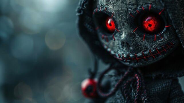 A doll placed centrally against a dark backdrop featuring the words MERIT and DEMERIT