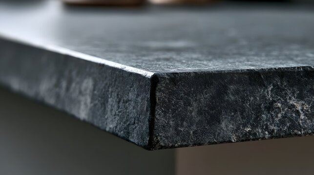 Close up of dark gray stone countertop edge showing textured surface and clean straight lines under soft lighting