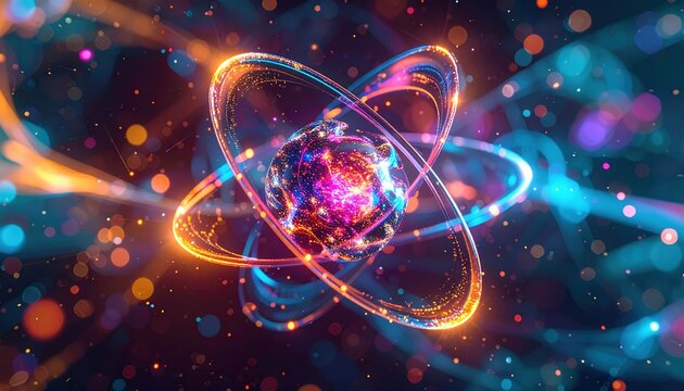 Futuristic atom visualization with colorful orbital particles, physics and scientific education concept