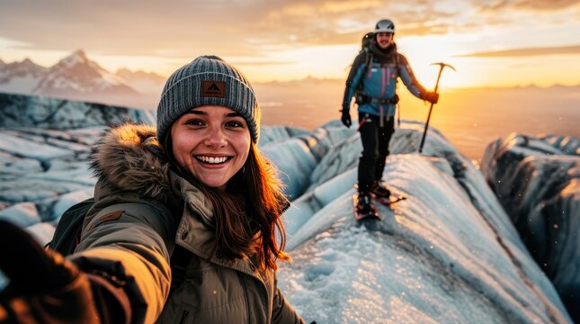 Smiling woman taking selfie on a glacier during sunset trek. Mountaineer with ice axe stands on snowy peak in winter gear. Adventure travel concept for outdoor lifestyle marketing.