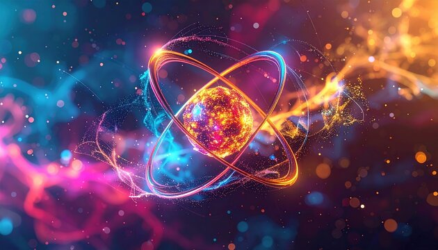 Futuristic atom visualization with colorful orbital particles, physics and scientific education concept